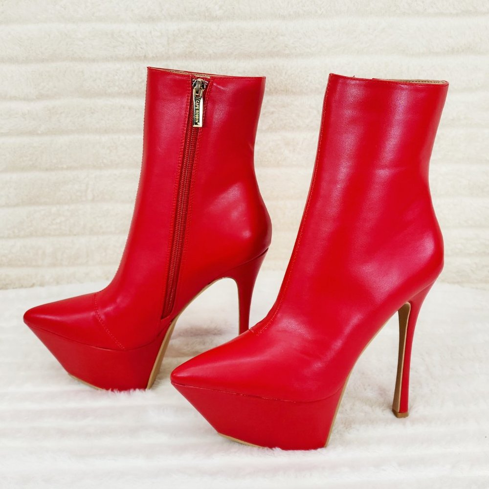Kinder Pointy Toe Platform Stiletto Heel Ankle Boots Red Vegan Leather